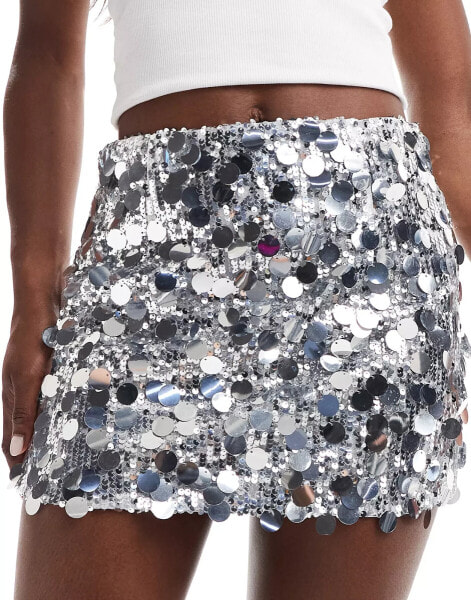 Amy Lynn Y2k ultra mini sequin disc skirt in silver