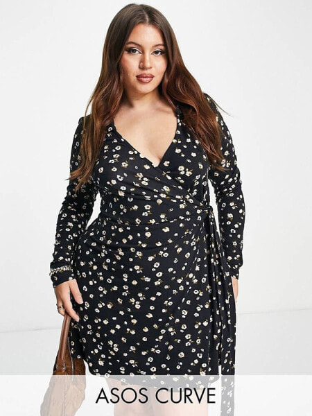 ASOS DESIGN Curve long sleeve collared wrap dress in black floral ditsy print