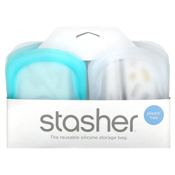 Reusable Silicone Storage Bag, Pocket Size, Clear & Aqua, 2 Pack, 4 oz (42 g) Each