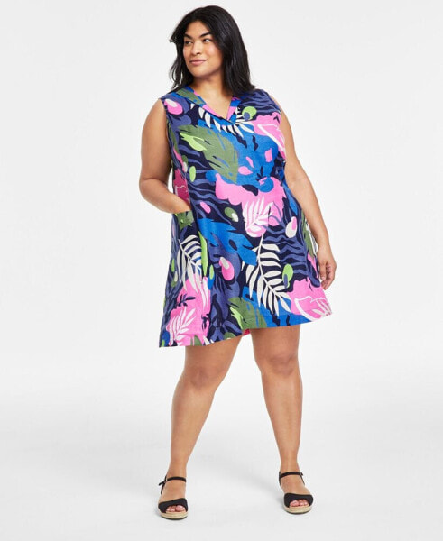 Plus Size 100% Linen Printed Split-Neck Dress, Created for Macy's