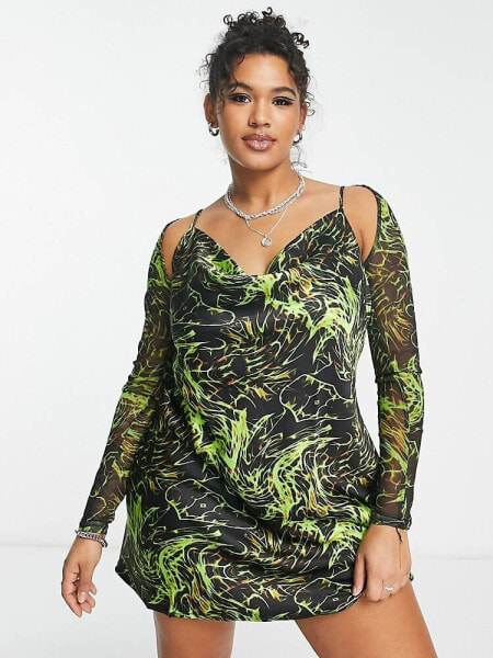 COLLUSION Plus cowl neck neon printed satin mini slip dress with mesh shrug in multi