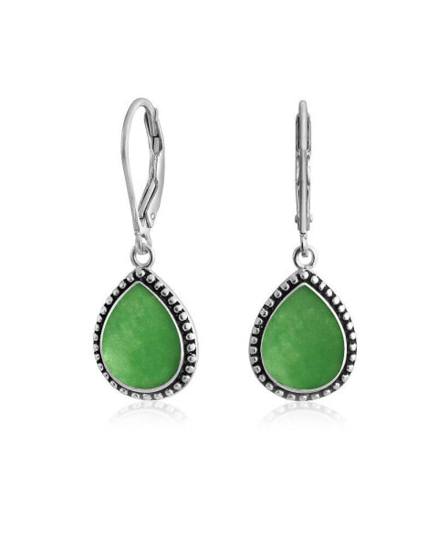 Green Dyed Natural Jade Pear Shaped Teardrop Lever Back Dangle Drop Earrings For Women Oxidized Sterling Silver