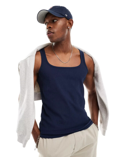 ASOS DESIGN muscle fit rib vest with square neck in navy