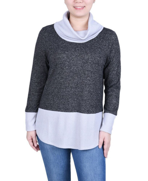 Women's Long Sleeve Cowl Neck Colorblocked Top