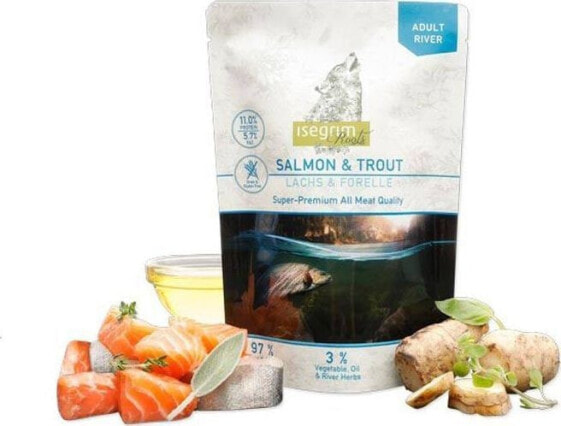 Влажный корм для взрослых собак ISEGRIM Salmon & Trout - лосось с форелью и речными травами, пауч 410 г
