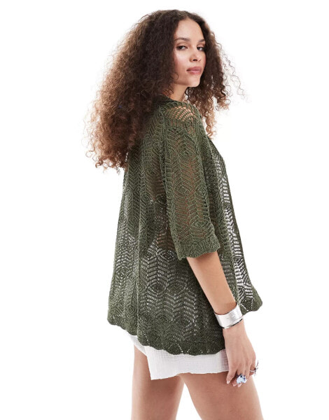 Monki short sleeve button down crochet knit shirt in green