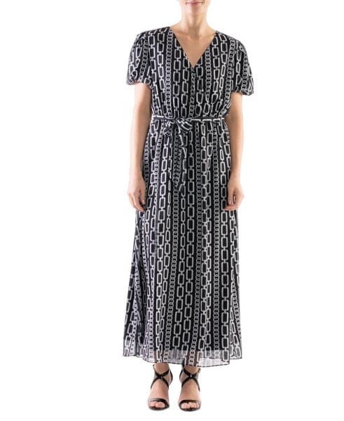 Women's Printed V-Neck Puff-Sleeve Maxi Dress