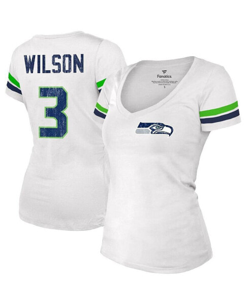 Women's Russell Wilson White Distressed Seattle Seahawks Fashion Player Name and Number V-Neck T-shirt