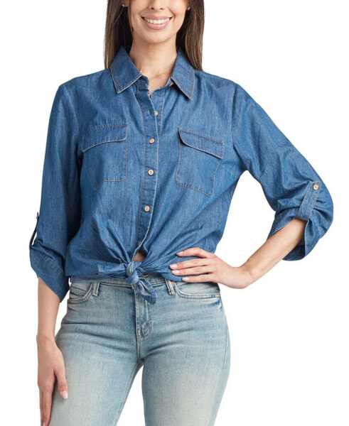 Juniors' Cotton Washed Denim Button-Front Shirt