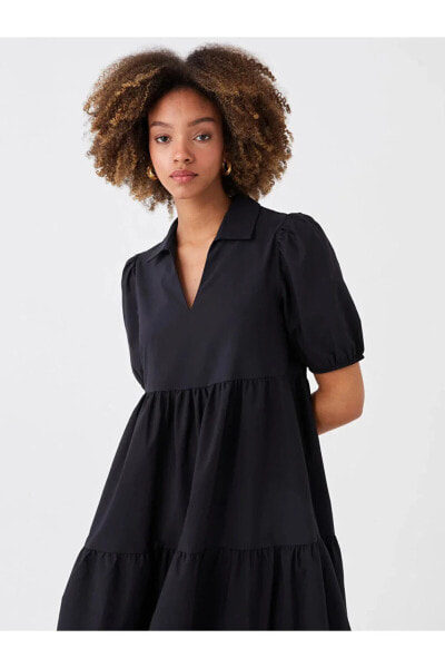 LCW Vision Gömlek Yaka Düz Kısa Kollu Poplin Kadın Elbise