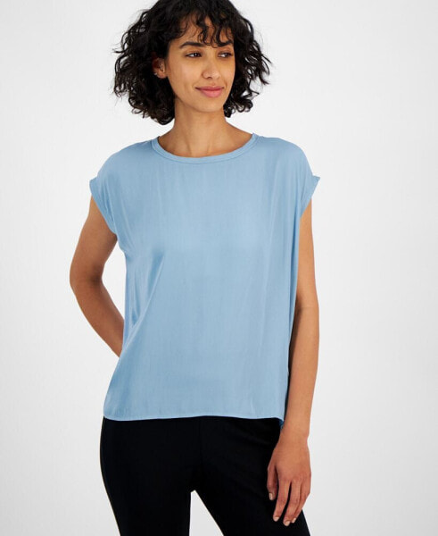 Women's Mixed-Media Scoop-Neck Drop-Shoulder Top