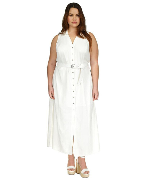 Plus Size Linen-Blend Belted Sleeveless Maxi Dress