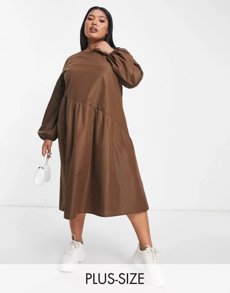 Lola May Plus oversized smock dress with asymmetric seam detail in chocolate brown