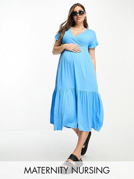 Mamalicious Maternity nursing midi dress with frill sleeves in blue