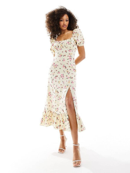 & Other Stories linen puff sleeve midaxi dress with split in floral print