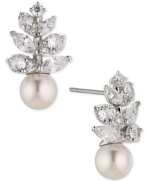 Rhodium-Plated Cubic Zirconia & Imitation Pearl Vine Drop Earrings, Created for Macy's