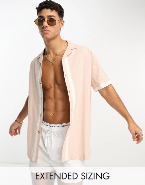 ASOS DESIGN relaxed revere shirt in linen mix with panelling in pink