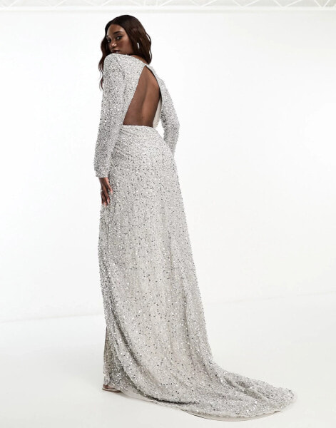 Beauut embellished wrap maxi dress with long sleeve in grey