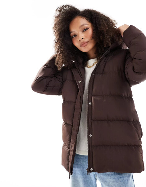 Threadbare mid length puffer jacket in brown