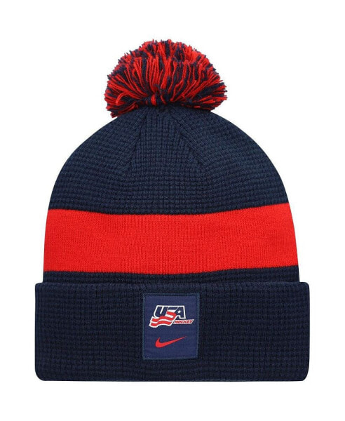 Men's Navy USA Hockey Sideline Cuffed Knit Hat with Pom