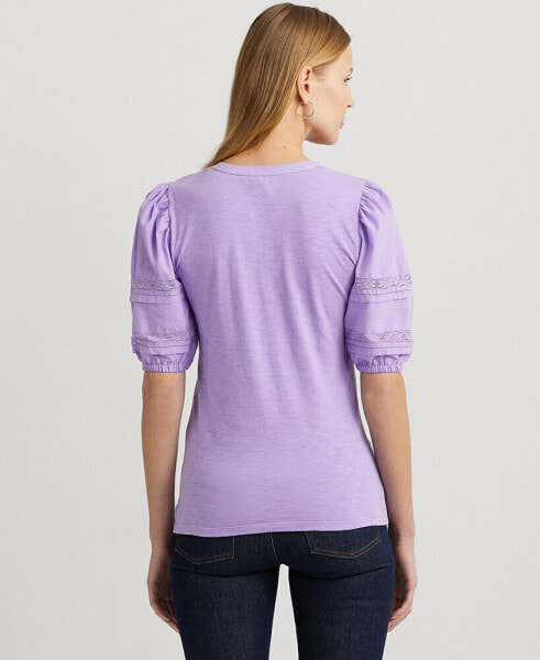 Petite Lace-Trim Puff-Sleeve Henley Tee