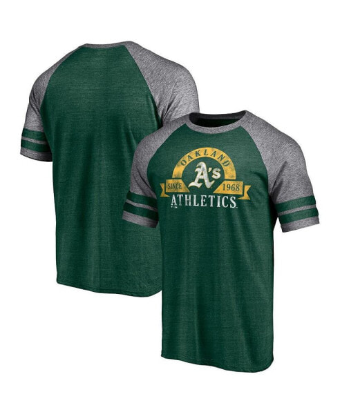 Men's Heather Green Oakland Athletics Utility Two-Stripe Raglan Tri-Blend T-shirt