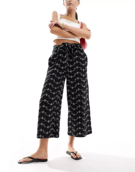 ASOS DESIGN broderie wide leg culotte trouser with tie belt