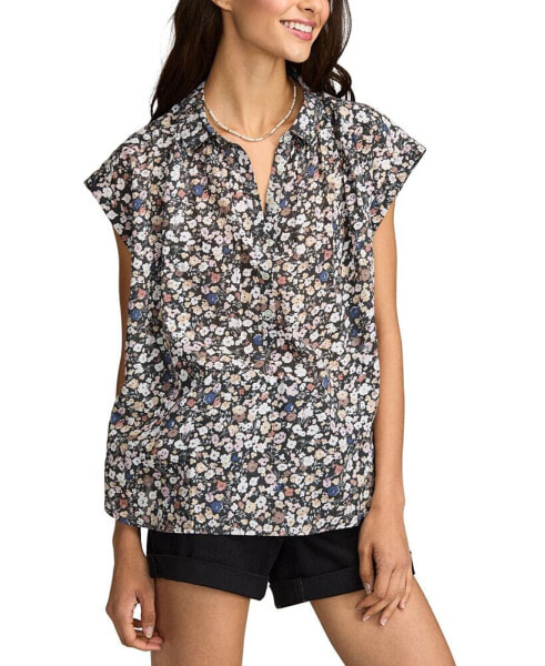 Women's Cotton Floral Collared Popover Blouse