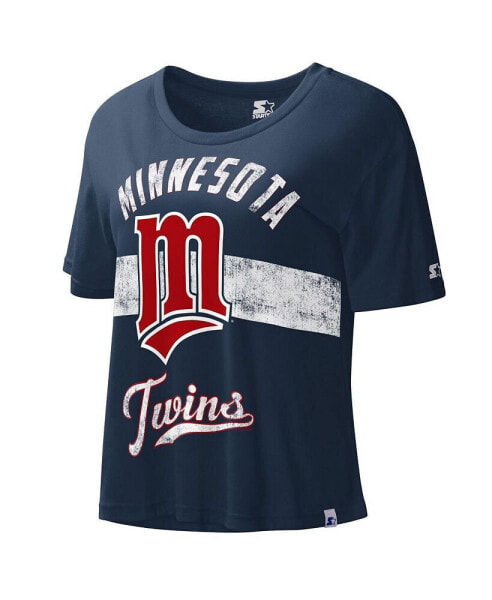 Women's Navy Distressed Minnesota Twins Cooperstown Collection Record Setter Crop Top