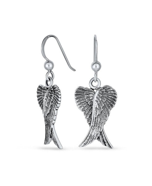 Spiritual Amulet Feather Heart Shaped Guardian Angel Wings Dangle Earrings For Women Teens Oxidized .925 Sterling Silver Fish Hook