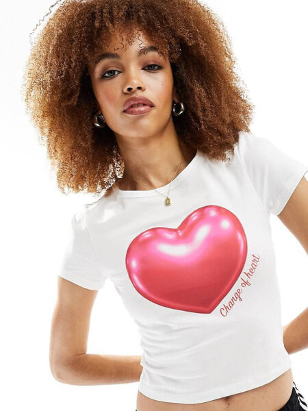 Monki short sleeve fitted t-shirt in white with heart front print