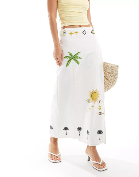 Never Fully Dressed Jaspre embroidered midi skirt in off white