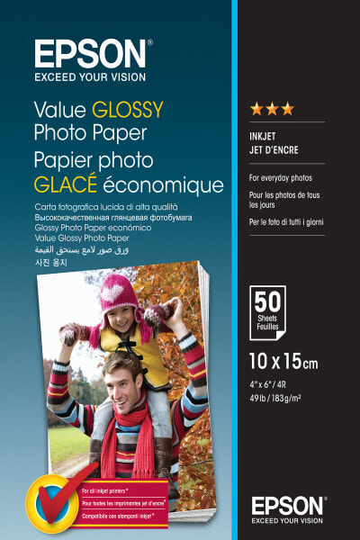 Epson Value Glossy Photo Paper - 10x15cm - 50 sheets - Gloss - 183 g/m² - 10x15 cm - Office printing - Calendar - Photo collage - Photo gifts - Photo - Cards and gift wraps - Seasonal... - 50 sheets - - Expression Premium XP-900 - Expression Premium XP-830 - Ex