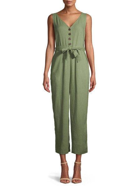 Time and Tru Jumpsuit Women's Size XS Green Linen Sleeveless V-Neck Front Button