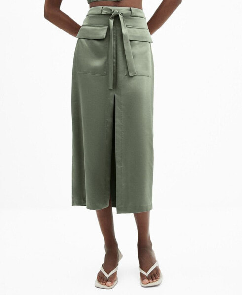 Women's Pockets Detail Satin Skirt