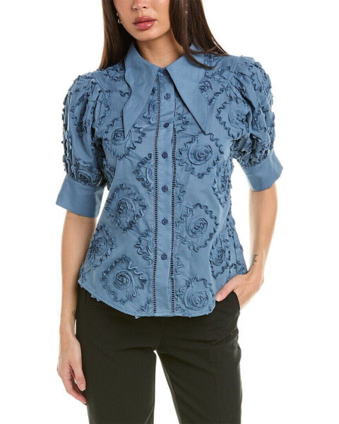 Gracia Flower Design Wing Collar Button-Down Shirt Women's