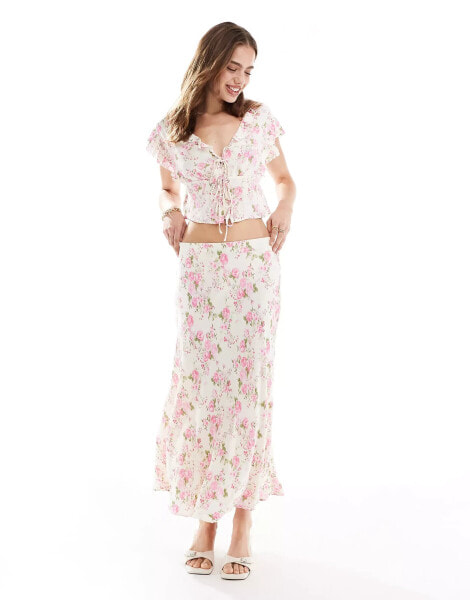 Mango midi floral print co-ord skirt in white