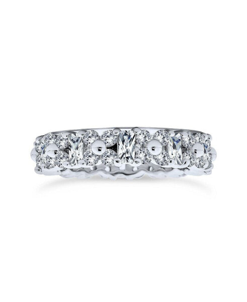 Timeless Cubic Zirconia AAA CZ Alternating Round & Baguette Flower Anniversary Eternity Wedding Band Ring For Women .925 Sterling Silver