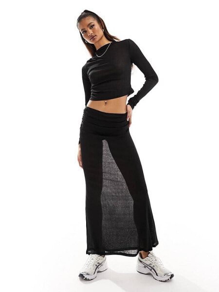 ASOS DESIGN co-ord textured mesh ruched maxi skirt in black