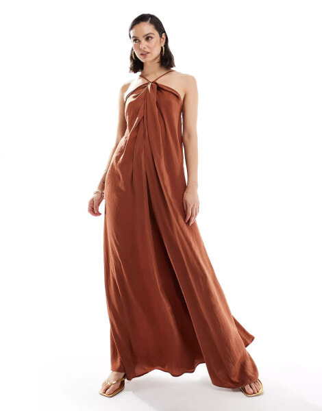 ASOS DESIGN satin halter neck trapeze jumpsuit with keyhole in brown