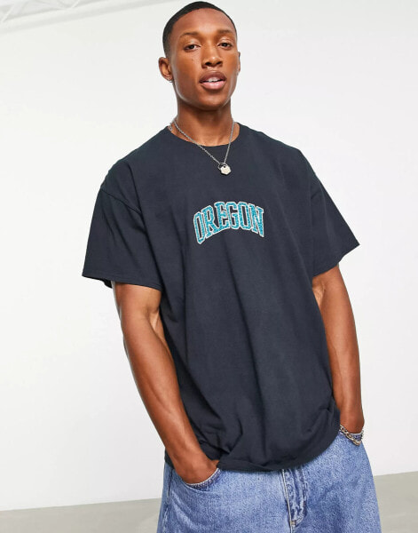 Topman oversized fit t-shirt with Oregon print in washed black