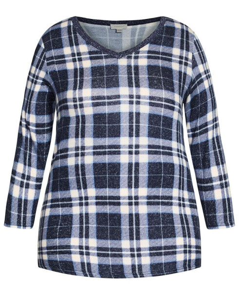 Womens Hacci V Neck Check Top