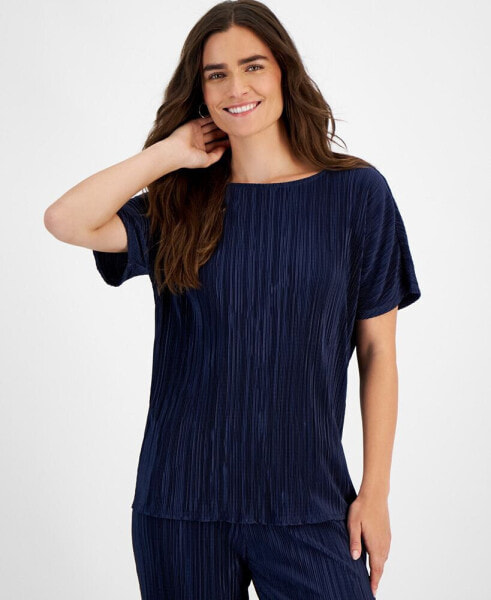 Women's Boat-Neck Plissé-Texture Top, Created for Macy's