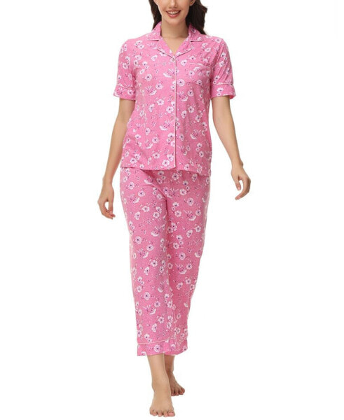 Women's Printed Short Sleeve Notch Collar with Pants 2 Pc. Pajama Set