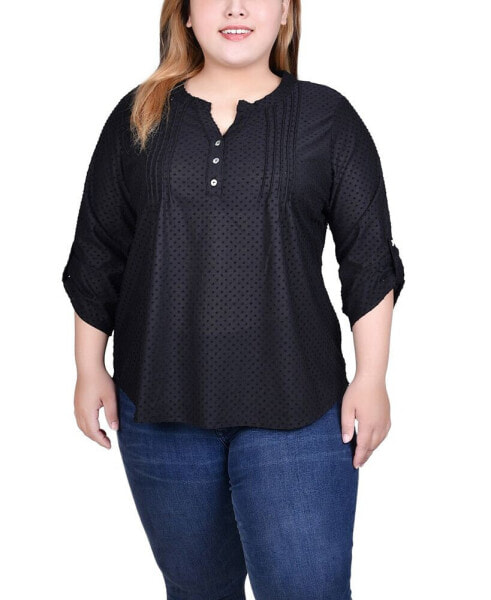 Plus Size 3/4 Sleeve Roll Tab Y Neck Top