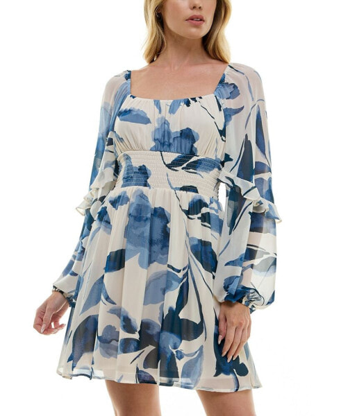 Juniors' Long-Sleeve Printed-Chiffon A-Line Dress