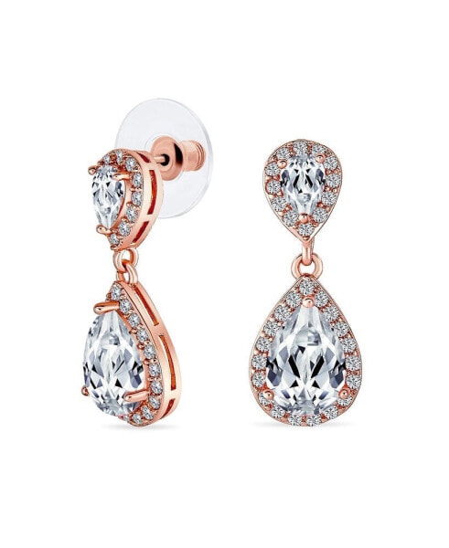 Bridal Pave Halo Dangle Teardrop Cubic Zirconia AAA CZ Drop Earrings For Wedding Women Prom Teen Rose Gold Plated Brass