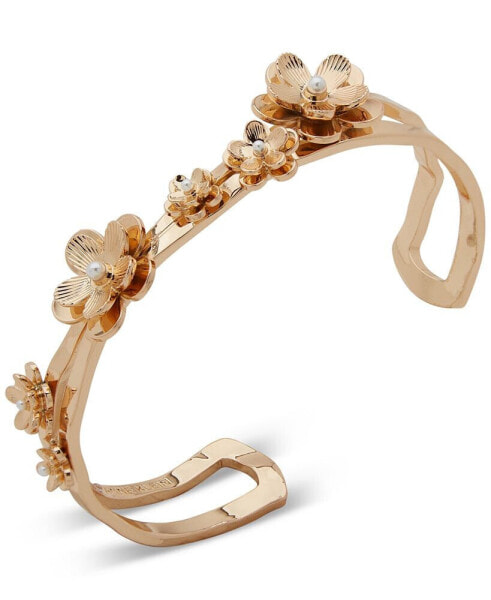 Gold-Tone Imitation Pearl Flower Crisscross Cuff Bracelet