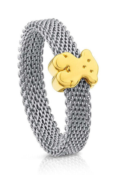 Steel ring with a golden teddy bear Mesh 10002144