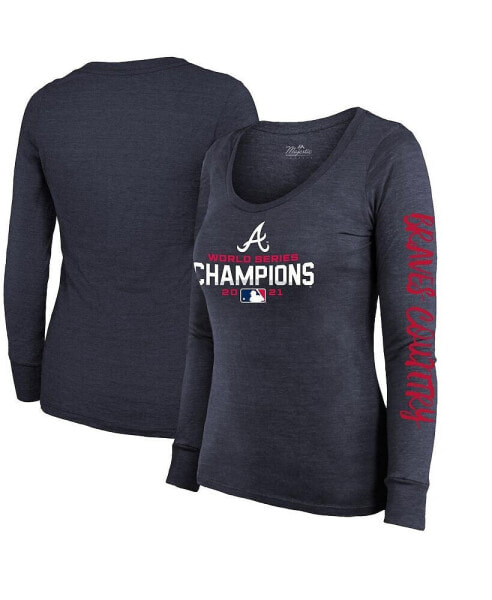 Women's Threads Navy Atlanta Braves 2021 World Series Champions Two-Hit Tri-Blend Long Sleeve Scoop Neck T-shirt
